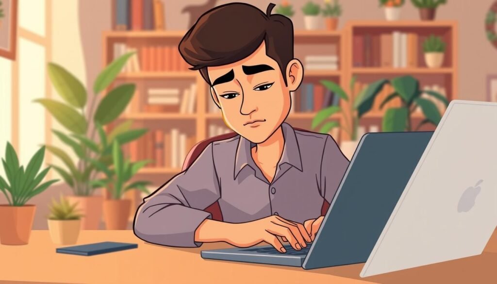 A calm, introspective office setting with an introverted entrepreneur deeply focused on their work. Soft, warm lighting illuminates the scene, casting a gentle glow. In the foreground, the entrepreneur's hands rest confidently on a laptop, typing away, their eyes narrowed in intense concentration. Surrounding them, bookshelves and potted plants create a cozy, nurturing atmosphere, reflecting the introvert's ability to thrive in quiet, contemplative environments. The background is slightly blurred, emphasizing the subject's inner world and the power of deep, uninterrupted thought. An air of tranquility and self-assuredness permeates the image, showcasing the hidden strengths of the introverted entrepreneur.