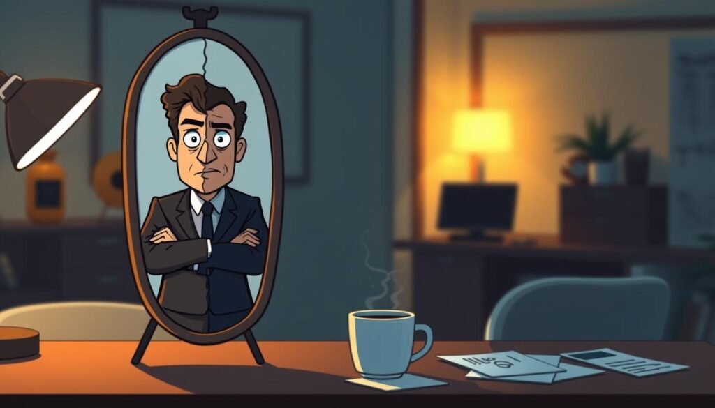A confident yet introverted business person standing in a dimly lit office, their face partially obscured by shadows. In the foreground, a fragmented mirror reflects their uncertain expression, highlighting the inner struggle to overcome the confidence gap. The middle ground features a desk with scattered papers and a half-empty coffee cup, symbolizing the challenges of running a business as an introvert. The background is blurred, conveying a sense of isolation and the need to find support in the entrepreneurial journey. Soft, warm lighting illuminates the scene, creating an atmosphere of introspection and determination.