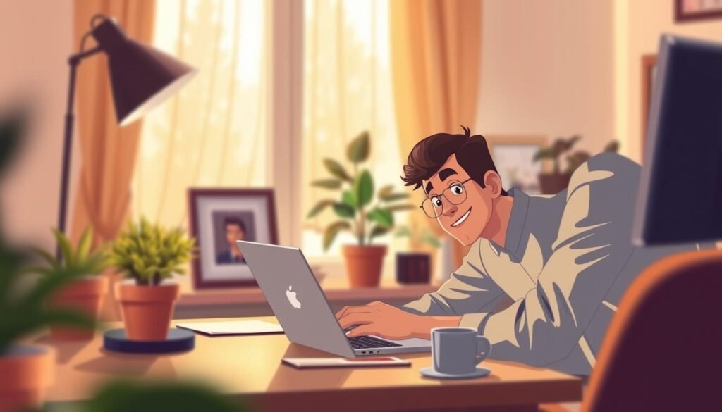 A cozy home office setting, warm lighting filtering through sheer curtains. In the foreground, an introverted entrepreneur sits at a desk, leaning in attentively as they engage with a client via video call on a laptop screen. Their expression exudes quiet confidence and active listening. The middle ground features tasteful decor - houseplants, a framed artwork, and a mug of hot tea. The background blurs softly, hinting at the peaceful, productive atmosphere. Captured with a shallow depth of field and a 50mm lens, this scene conveys the nuanced, thoughtful nature of the entrepreneur's client interactions.