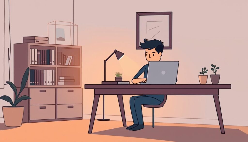 A cozy home office setting with a lone figure seated at a minimalist wooden desk, deeply engrossed in a laptop screen. Warm, muted lighting casts a soft glow, creating an atmosphere of focused introspection. In the background, a bookshelf and a few small plants suggest a carefully curated, personalized space. The figure's body language is relaxed, conveying a sense of comfort and ease, despite the act of "networking" via digital means. The overall scene conveys a sense of introverted productivity and purposeful connection, in a manner that honors the subject's introverted nature.