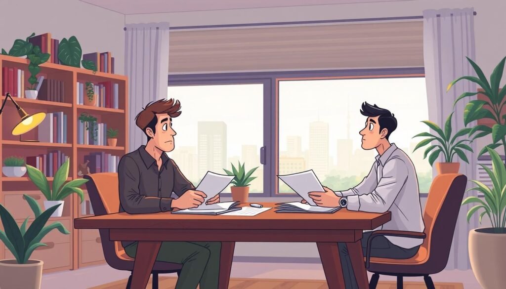 A cozy, well-lit home office with two introverted entrepreneurs sitting at a wooden desk, deep in focused conversation. Soft, warm lighting illuminates their thoughtful expressions as they review notes and sketches, building their confidence to launch their new venture. The background features bookshelves, houseplants, and a large window overlooking a peaceful urban landscape. The scene conveys a sense of quiet determination and introspection, capturing the essence of introverted entrepreneurs navigating the challenges of building their business.