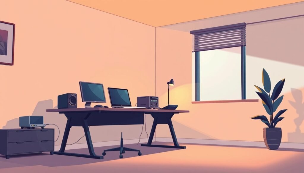 A modern, minimalist office interior with a lone desk, a sleek laptop, and a succinct array of tech accessories. Warm, indirect lighting casts a subtle glow, creating an atmosphere of focused productivity. The desk is positioned near a large window, allowing natural light to filter in and provide a sense of openness. The overall aesthetic conveys a harmonious balance between technology and personal space, reflecting an introverted yet efficient business style. The room is uncluttered, with clean lines and a muted color palette, emphasizing the functional nature of the setup.
