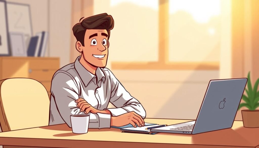 A professional, confident individual sitting at a desk, bathed in warm, natural lighting. They are leaning forward, their body language conveying an authentic, engaged presence. The desk is simple and minimalist, with a laptop, a cup of coffee, and a notebook, reflecting a focused, productive workspace. The background is slightly blurred, emphasizing the subject as the central focus. The overall mood is one of quiet determination and self-assurance, capturing the essence of an "authentic business voice".