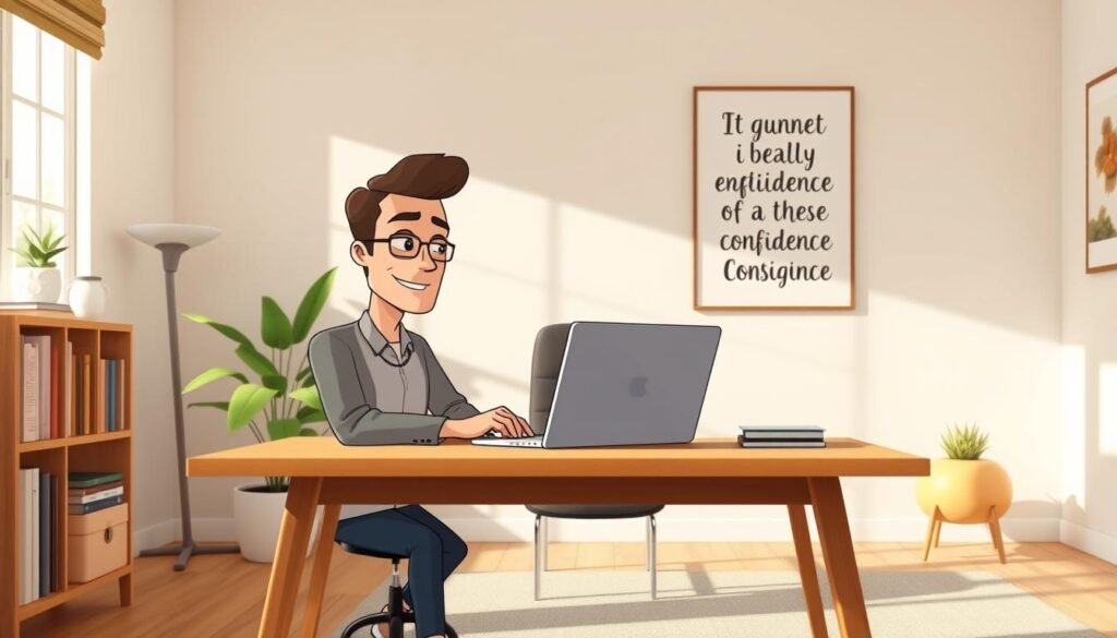 A serene home office setting, bathed in soft, natural lighting. In the foreground, a confident yet introverted entrepreneur sits at a minimalist wooden desk, focused on their laptop. The background features a cozy bookshelf, a strategically placed plant, and a inspirational wall art piece that captures the essence of self-belief. The overall atmosphere exudes a sense of calm, introspection, and the determination to overcome confidence challenges. The camera angle is slightly elevated, conveying a sense of empowerment and inner strength.