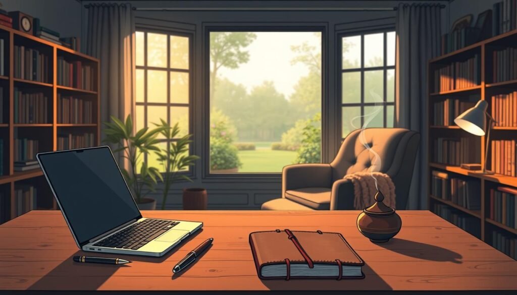 A cozy, dimly lit home office with a large window overlooking a serene garden. In the foreground, a neatly organized desk with a sleek laptop, a fountain pen, and a leather-bound notebook. A small ceramic incense burner emits calming wisps of fragrant smoke. In the middle ground, a comfortable armchair with a plush throw blanket, inviting the entrepreneur to sink into deep focus. Bookshelves line the walls, casting soft shadows across the room. The lighting is a blend of warm, ambient lighting and natural daylight, creating a contemplative atmosphere. The overall scene conveys a sense of intentional ritual, where the introverted business owner can immerse themselves in undistracted, productive work.