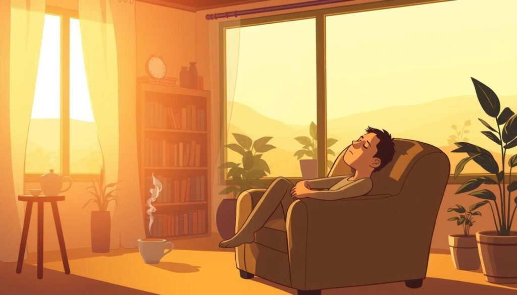 A cozy, dimly lit room bathed in warm, golden light. In the foreground, a figure sits curled up on a comfortable armchair, eyes closed, lost in deep contemplation. Their posture exudes a sense of tranquility and introspection. The middle ground features a bookshelf, a cup of steaming tea, and a few potted plants, creating a soothing, nurturing atmosphere. The background fades into a soft, blurred landscape, suggesting a peaceful, secluded retreat from the outside world. The overall scene evokes a sense of inner calm, where the introvert's energy is recharged and replenished.