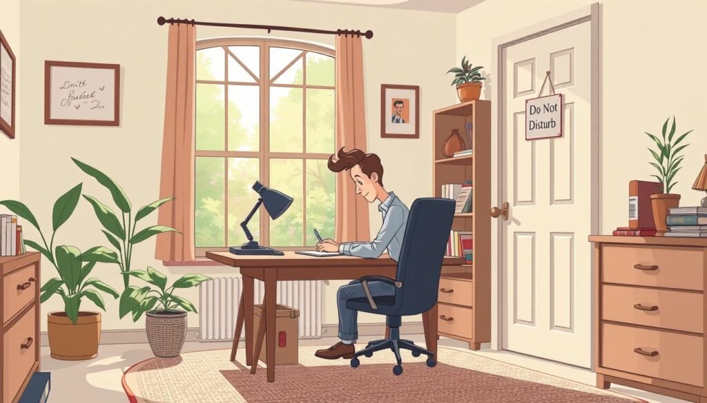 A cozy home office with a large window overlooking a serene garden. The introverted business owner sits at a simple wooden desk, deep in concentration, surrounded by tasteful decor and minimal clutter. A discreet "Do Not Disturb" sign hangs on the door, conveying clear communication boundaries. Soft, natural lighting filters in, creating a calming atmosphere. The angle is slightly elevated, capturing the owner's focused expression and the organized workspace. The overall mood is one of tranquility and productivity, reflecting the owner's need for solitude and control over their environment.