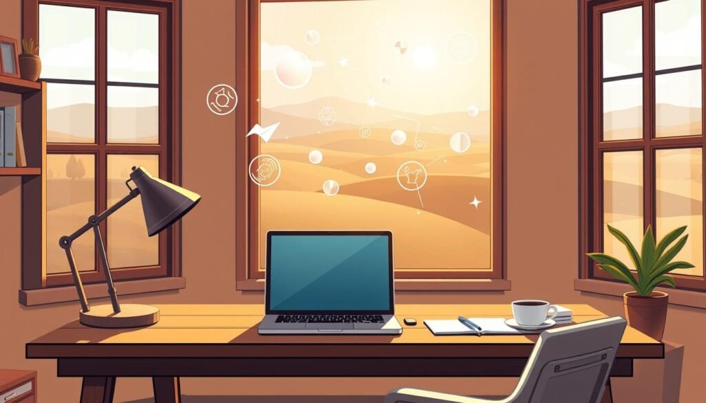 A cozy home office with a wooden desk, a laptop, and a cup of coffee. Warm, natural lighting streams through a large window, casting a peaceful glow. In the background, a serene landscape of rolling hills and a clear sky. Floating above the desk, ethereal visuals representing the benefits of deep work - increased focus, creativity, and productivity - all tailored to the unique needs of an introverted entrepreneur. The scene conveys a sense of tranquility, inspiration, and the power of undistracted, focused work.
