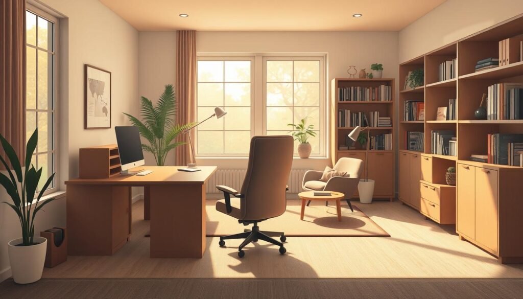 A cozy, minimalist workspace designed for the introverted entrepreneur, bathed in soft, natural lighting that filters through large windows. A sturdy, L-shaped desk sits in the foreground, its clean lines and warm wood tones complementing the muted color palette. Behind it, a plush, high-backed chair invites deep focus. The middle ground features a small seating area with a comfortable armchair and a low, wooden coffee table, perfect for moments of contemplation. The background showcases built-in bookshelves, housing a curated collection of books and plants, creating a sense of order and tranquility. Warm, indirect lighting casts a serene glow, setting the mood for uninterrupted, productive deep work.