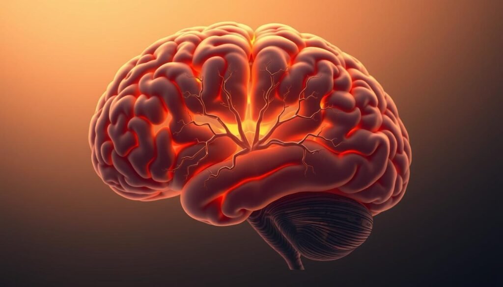 A detailed cross-section of the human brain, illuminated by a soft, warm light. In the center, the prefrontal cortex is highlighted, pulsing with intricate neural pathways and synaptic activity. Surrounding it, the temporal and parietal lobes appear in muted tones, suggesting a state of focused, analytical thought. The image conveys a sense of quiet, contemplative introspection, with a subtle, almost ethereal quality to the lighting and rendering. The overall composition emphasizes the complexity and depth of introverted thinking, captured in a visually striking and scientifically accurate representation.