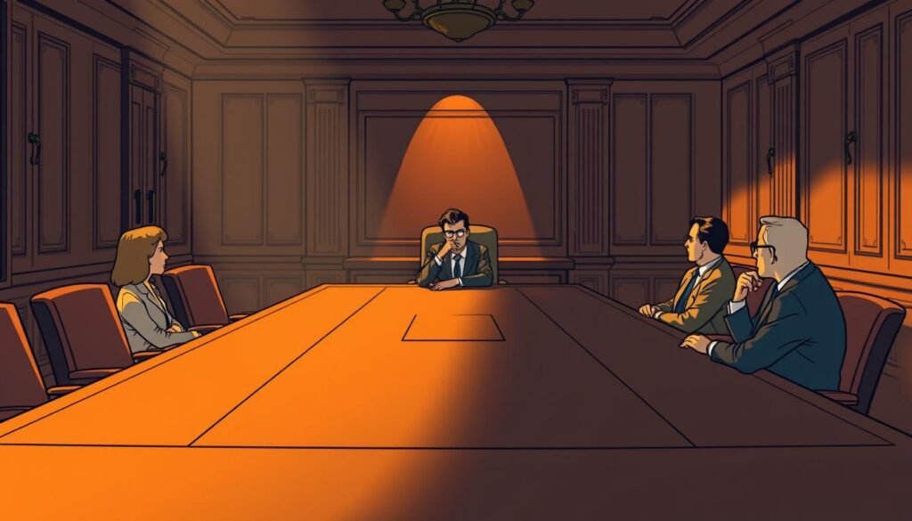 A dimly lit, elegant boardroom with a long, polished wooden table. At the head, a solitary figure sits, deep in thought - an introverted leader commanding the room with quiet confidence. Warm lighting casts subtle shadows, highlighting the contemplative expression on their face. The other board members listen intently, their body language reflecting a respect for the leader's strategic insights. The atmosphere is one of focused deliberation, where ideas are carefully considered before decisive action is taken. The scene exudes a sense of understated power and intellectual prowess, showcasing the unique strengths of introverted leadership in the boardroom.
