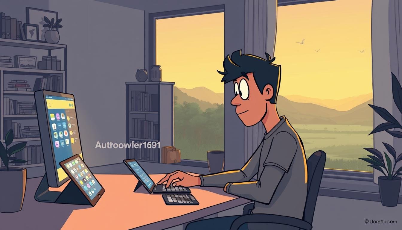 A dimly lit home office, the soft glow of a computer screen illuminating an introverted entrepreneur's face as they immerse themselves in automation tools. In the foreground, a minimalist desk with a tablet, wireless keyboard, and a neatly organized array of productivity apps. In the middle ground, shelves filled with books and personal mementos, creating a cozy, contemplative atmosphere. The background features large windows overlooking a peaceful, natural landscape, offering a calming contrast to the technological focus. The lighting is warm and subtle, casting a gentle shadow that emphasizes the entrepreneur's deep focus. The overall scene conveys a sense of efficiency, control, and harmonious integration of technology and personal space, perfectly suited for an introverted business owner's pursuit of deep work.