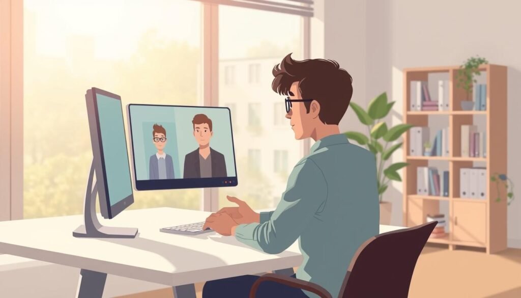 A serene and introspective office scene. A lone introvert sits at a minimalist desk, engrossed in a client video call. Soft, natural lighting filters through large windows, casting a warm, contemplative glow. The introvert's body language is calm and focused, their face a study in quiet concentration. In the background, a bookshelf and potted plants lend a sense of grounded, tranquil energy. The composition subtly conveys the introvert's ability to navigate client interactions with attentive presence and thoughtful responses, despite the inherent social demands.