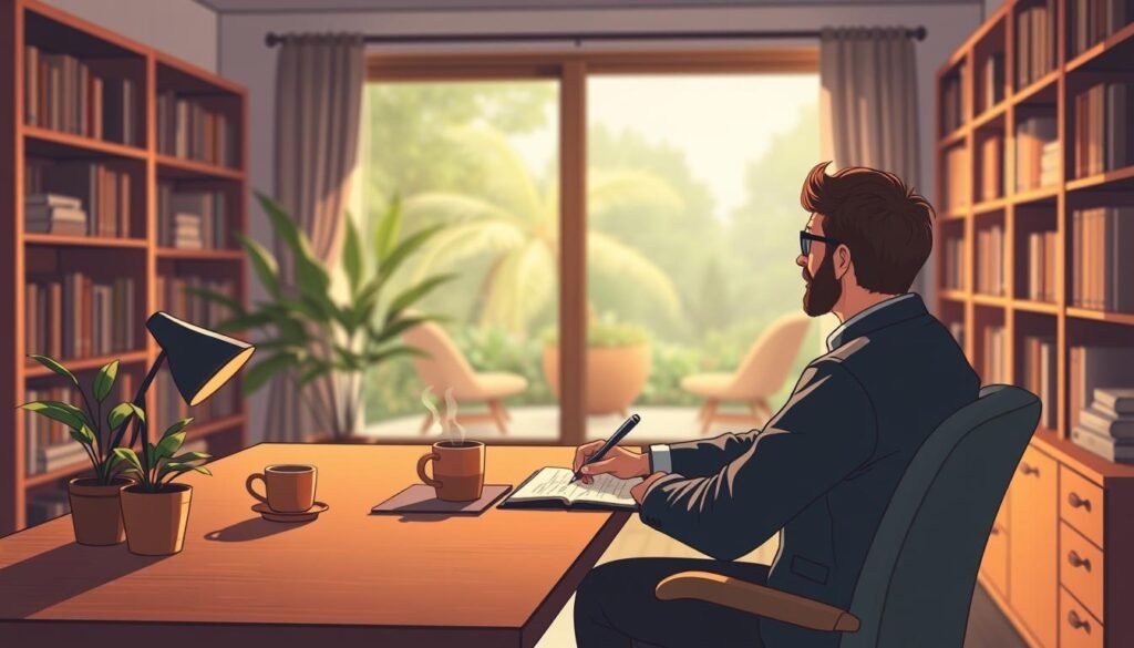 A serene home office scene, bathed in warm, soft lighting. In the foreground, an introverted professional sits at a minimalist wooden desk, deep in thought, jotting down notes in a leather-bound journal. Bookshelves line the walls, hinting at their owner's intellectual pursuits. A potted plant and a mug of steaming tea add subtle touches of life. In the middle ground, a large window overlooks a tranquil garden, offering a calming view and a connection to nature. The background is blurred, yet suggests a cozy, intimate atmosphere, perfect for recharging and reflecting on personal and professional experiences.