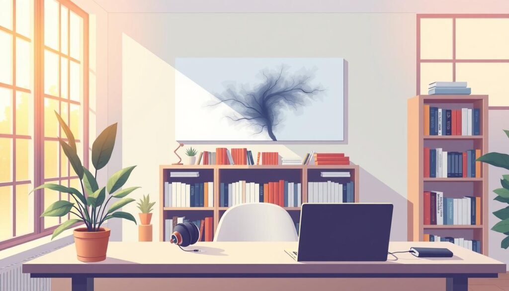 A serene home office setup, bathed in warm, natural lighting from large windows. In the foreground, a minimalist desk with a laptop, a potted plant, and a pair of high-quality noise-cancelling headphones. In the middle ground, bookcases filled with reference materials and motivational reads. The background features a soothing, abstract digital artwork on the wall, complementing the calming atmosphere. The overall mood is one of focused introspection and productive solitude, inviting the introverted user to recharge and thrive in their remote work environment.