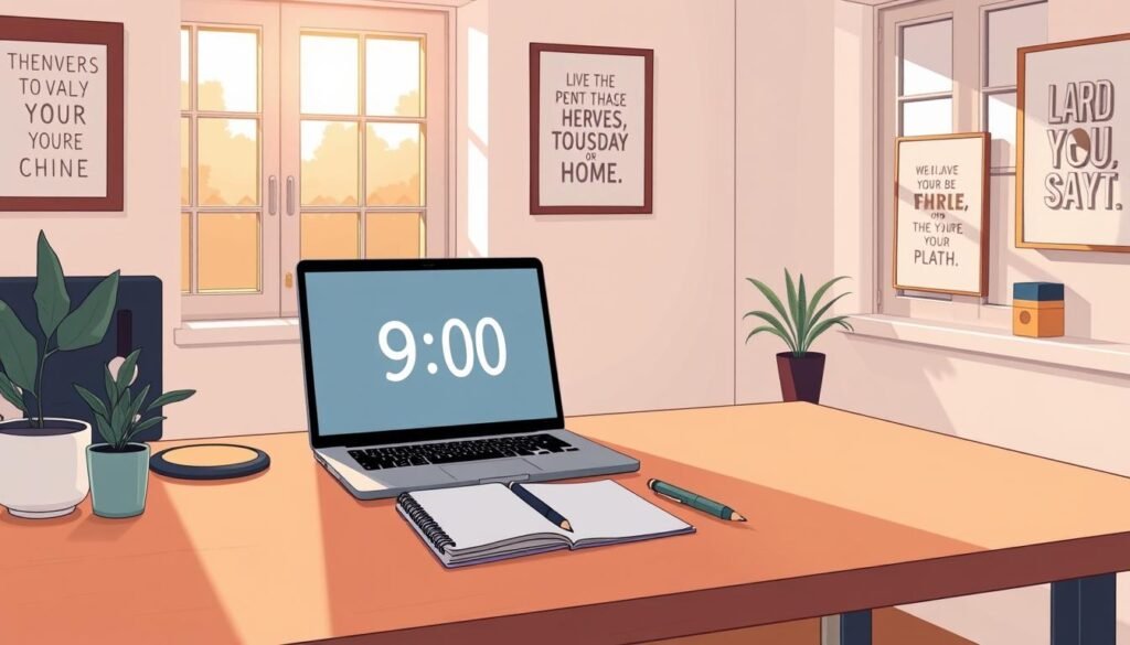 A sleek, minimal desk setup in a cozy, well-lit home office. On the desk, a notebook and pen sit next to a laptop, projecting a timer counting down a 90-minute interval. The walls are adorned with inspirational artwork, creating a serene and focused atmosphere. Warm, natural lighting filters in through large windows, casting a gentle glow on the workspace. The overall scene conveys a sense of intentionality, productivity, and an introverted, introspective approach to deep work.