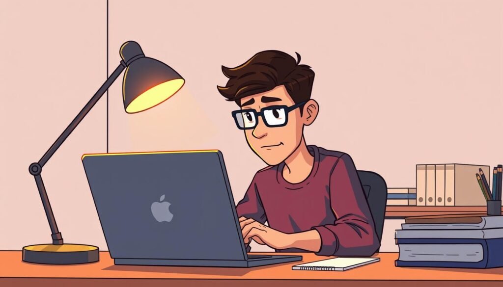 A solitary, bespectacled introvert intently focused on a laptop, surrounded by a minimalist, well-organized workspace. Warm lighting from a desk lamp casts a soft glow, creating a contemplative atmosphere. The introvert's expression is one of deep concentration, their fingers rapidly typing as they immerse themself in the task at hand. The background is a neutral, uncluttered space, allowing the subject to be the central focus. A sense of calm productivity and strategic, intellectual engagement permeates the scene.
