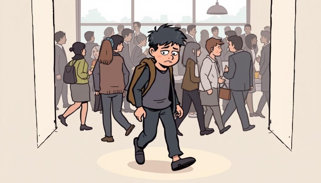A solitary figure, an introvert, navigates the social landscape with cautious steps. Surrounded by a swirl of energy-draining interactions, they seek refuge in a quiet, contemplative space. Soft, muted tones create an atmosphere of introspection, while strategic lighting casts a warm, comforting glow, guiding the way. In the foreground, the introvert's face reflects a mix of fatigue and determination, eyes downcast, yet the body language suggests a quiet resilience. The middle ground reveals a bustling office environment, people moving in various directions, their energies ebbing and flowing. In the background, a serene window offers a glimpse of the outside world, a sanctuary of solitude, hinting at the respite the introvert craves.