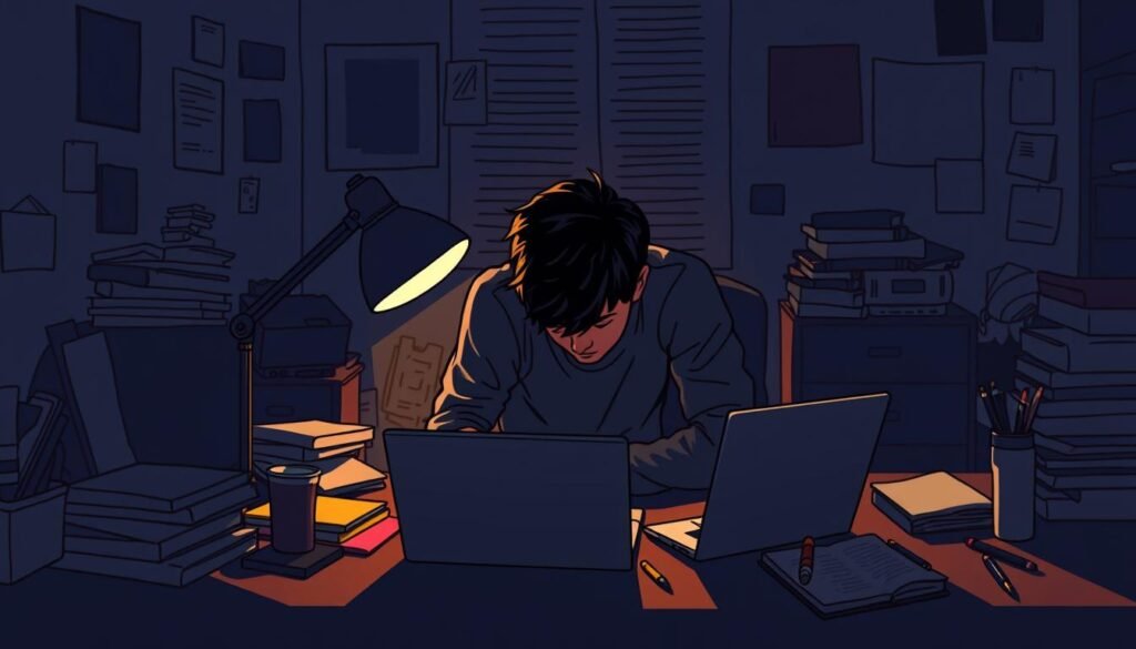 A solitary figure hunched over a desk, bathed in a warm glow of a desk lamp, surrounded by a dimly lit, cluttered workspace. The introverted individual's face is obscured, focused intently on the task at hand, reflecting the unique challenges they face in maintaining deep work amidst distractions. Shadows cast across the scene create an atmosphere of concentration and introspection. The composition features a middle-ground perspective, with attention drawn to the subject's posture and the tools of their trade - laptop, notebooks, and writing implements - symbolizing the introverted struggle to maximize productivity.