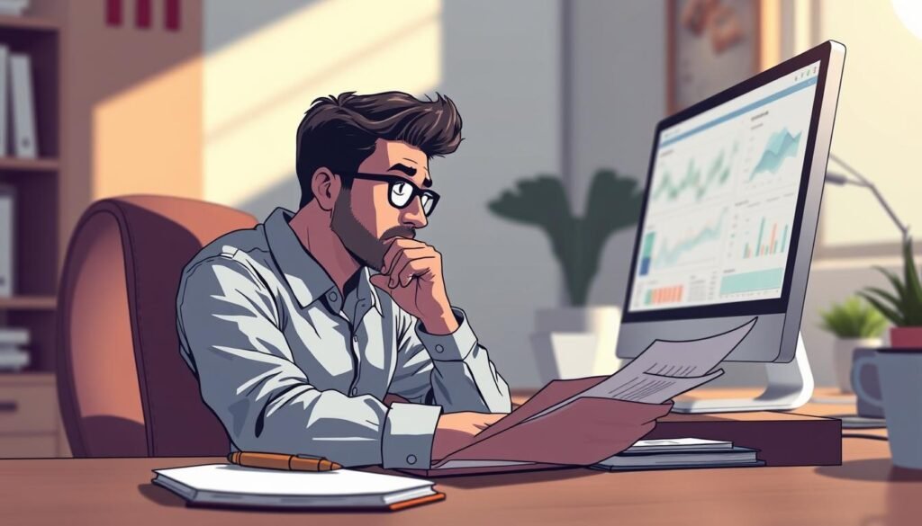 A thoughtful introvert, seated at a desk, meticulously analyzing charts and data. Soft, natural lighting illuminates the scene, casting gentle shadows that accentuate the concentrated expression. In the foreground, a notebook and pen lie ready, symbols of the introvert's deliberate approach to risk management. The middle ground features a desktop computer, its screen displaying complex financial models, hinting at the introvert's analytical prowess. The background subtly blurs, directing the viewer's focus to the central figure, deep in contemplation, embodying the essence of strategic risk assessment.