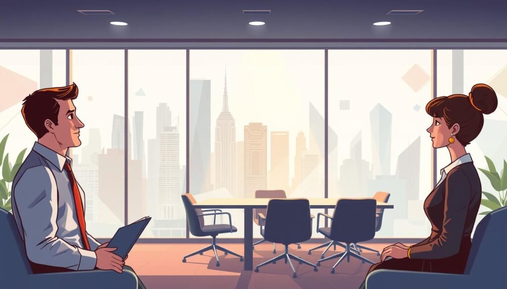 A warm, inviting office setting with a large window overlooking a bustling city skyline. In the foreground, two business professionals, a man and a woman, are engaged in a thoughtful discussion, their body language conveying a sense of trust and collaboration. Soft, diffused lighting casts a gentle glow on their faces, highlighting their earnest expressions. In the middle ground, a modern, minimalist conference table surrounded by comfortable chairs, suggesting a space for productive meetings and strategic planning. The background features abstract geometric shapes and patterns, evoking a sense of innovation and forward-thinking. The overall atmosphere is one of meaningful connection, shared purpose, and intellectual stimulation.