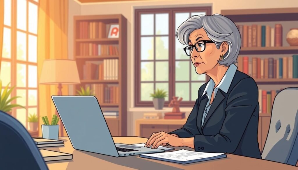 Detailed business meeting in a cozy office setting, showcasing communication strategies for introverted professionals. The scene features a middle-aged woman sitting at a desk, deep in thought, with a laptop and notes in front of her. Soft, warm lighting illuminates the room, creating a contemplative atmosphere. In the background, bookshelves and a large window provide a sense of depth and tranquility. The woman's body language conveys a focused, confident demeanor, reflecting her ability to navigate the challenges of an extrovert-centric business environment. The overall composition emphasizes the introvert's strategic thinking and problem-solving skills.