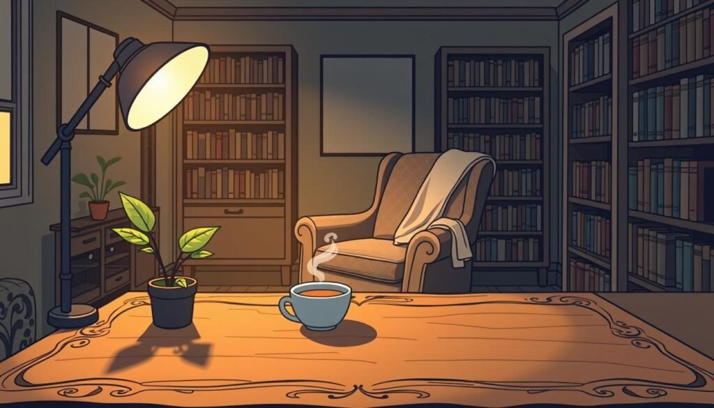 Prompt A serene, dimly lit home office setting. In the foreground, an intricately carved wooden desk with a single potted plant and a cup of tea steaming gently. The middle ground features a cozy armchair upholstered in a muted earth-toned fabric, a soft throw blanket draped over the backrest. In the background, bookshelves line the walls, their spines casting gentle shadows. Warm, diffused lighting illuminates the space, creating a sense of tranquility and focus. The overall atmosphere radiates an aura of introspection and quiet self-care, perfect for an introverted professional to recharge and rejuvenate between client meetings.